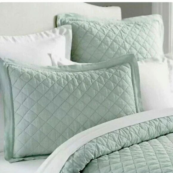 Pottery Barn Mint Green Belgian Flax Linen Diamond Quilted Sham (ONE) Standard - Picture 1 of 4